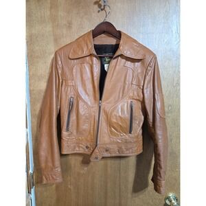 Bristol Vintage Leather Biker Jacket Tan Brown Faux Fur Lined Mens S Women M 70s